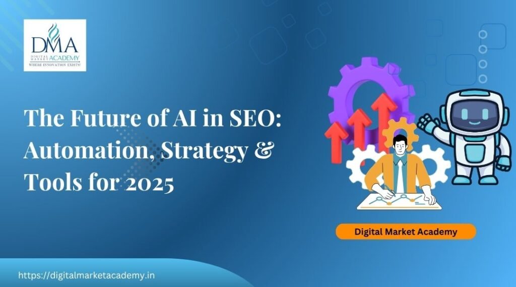The future of AI in SEO with futuristic analytics interface and AI algorithm graphics