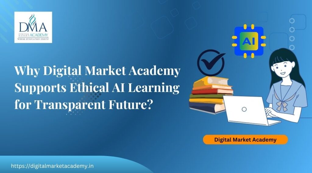 Ethical AI learning illustrated with a woman interacting with AI and educational tools, symbolizing transparency, technology, and responsible digital marketing training.