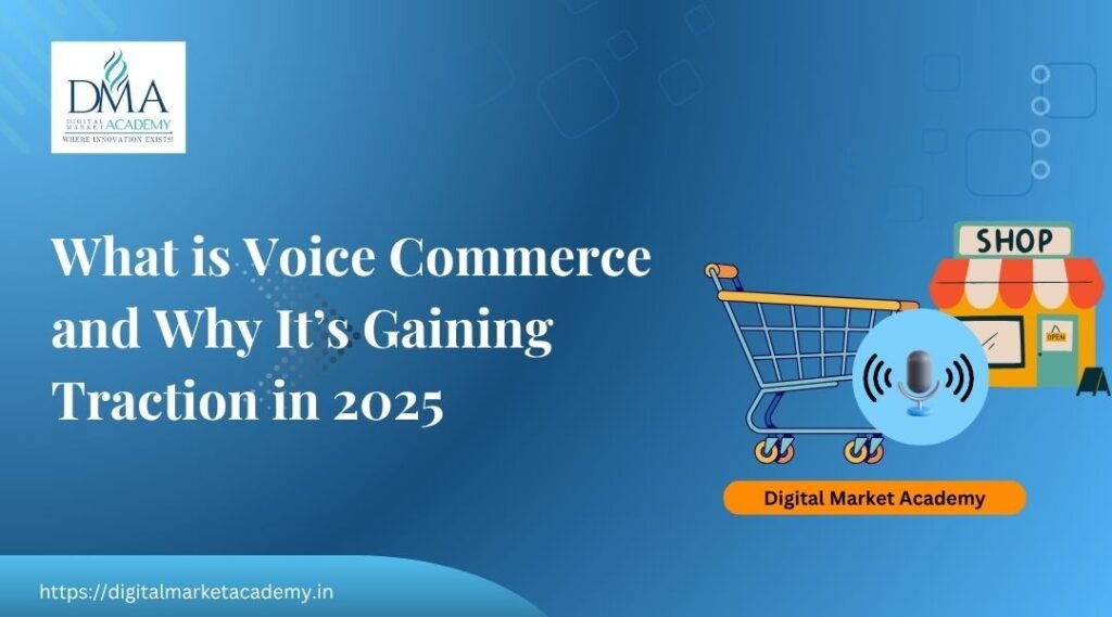 Voice commerce concept illustration showing a person using voice commands on a smart speaker to shop online, symbolizing the rise of voice-based shopping in India.
